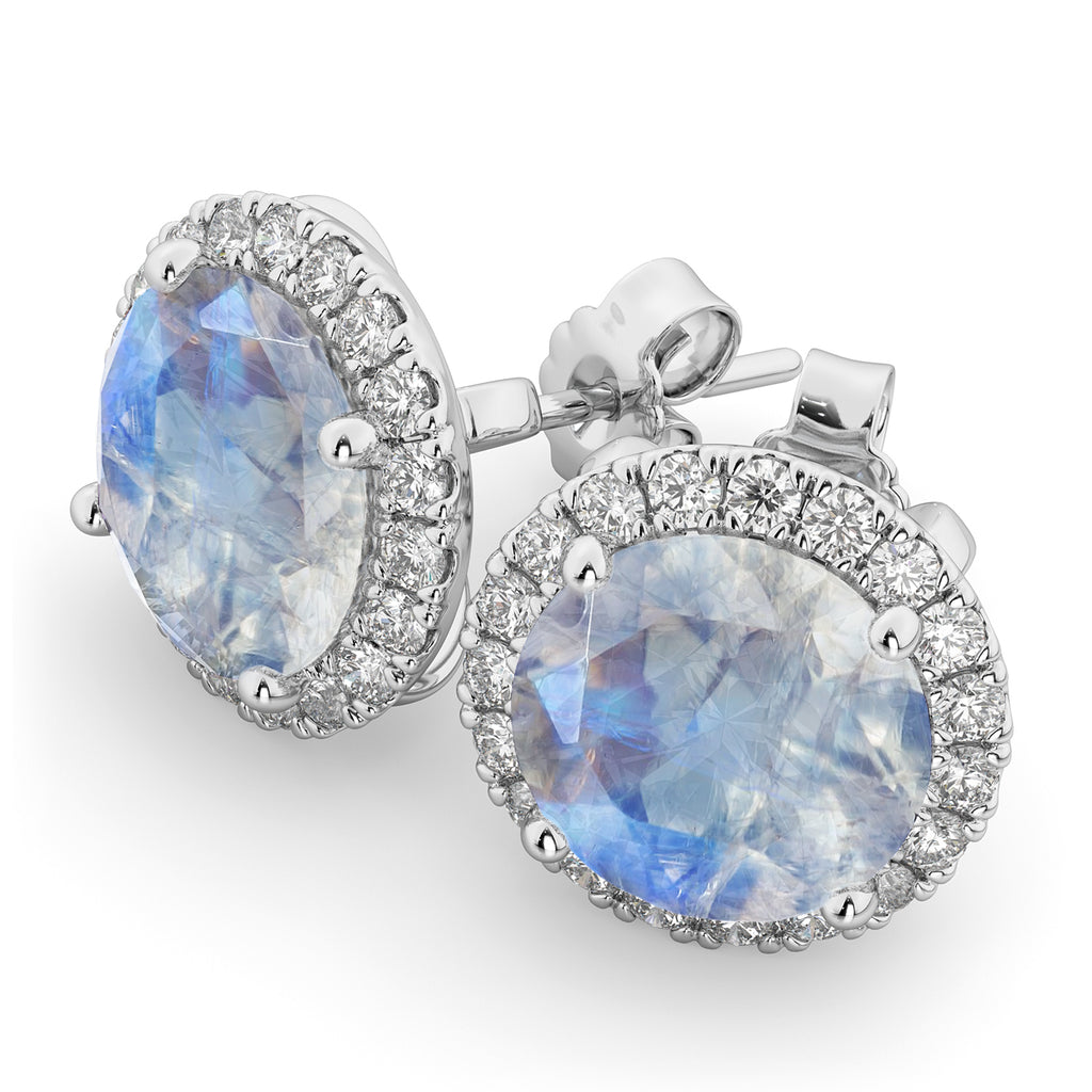 Halo Round Moonstone & Diamond Earrings 14k White Gold (5.57ct)