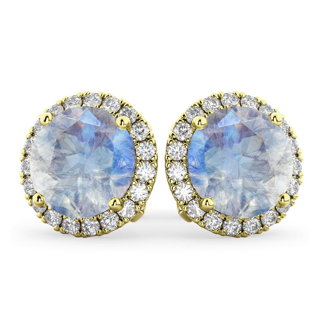 Halo Round Moonstone & Diamond Earrings 14k Yellow Gold (5.57ct)