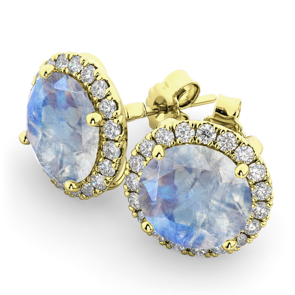 Halo Round Moonstone & Diamond Earrings 14k Yellow Gold (5.57ct)