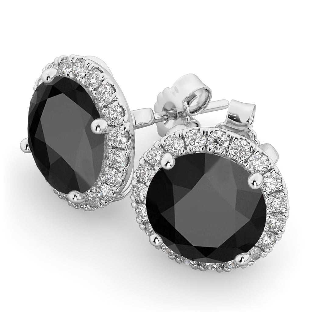 Halo Round Onyx & Diamond Earrings 14k White Gold (5.57ct)