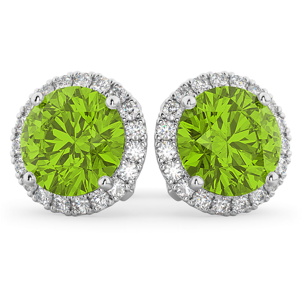 Halo Round Peridot & Diamond Earrings 14k White Gold (4.57ct)