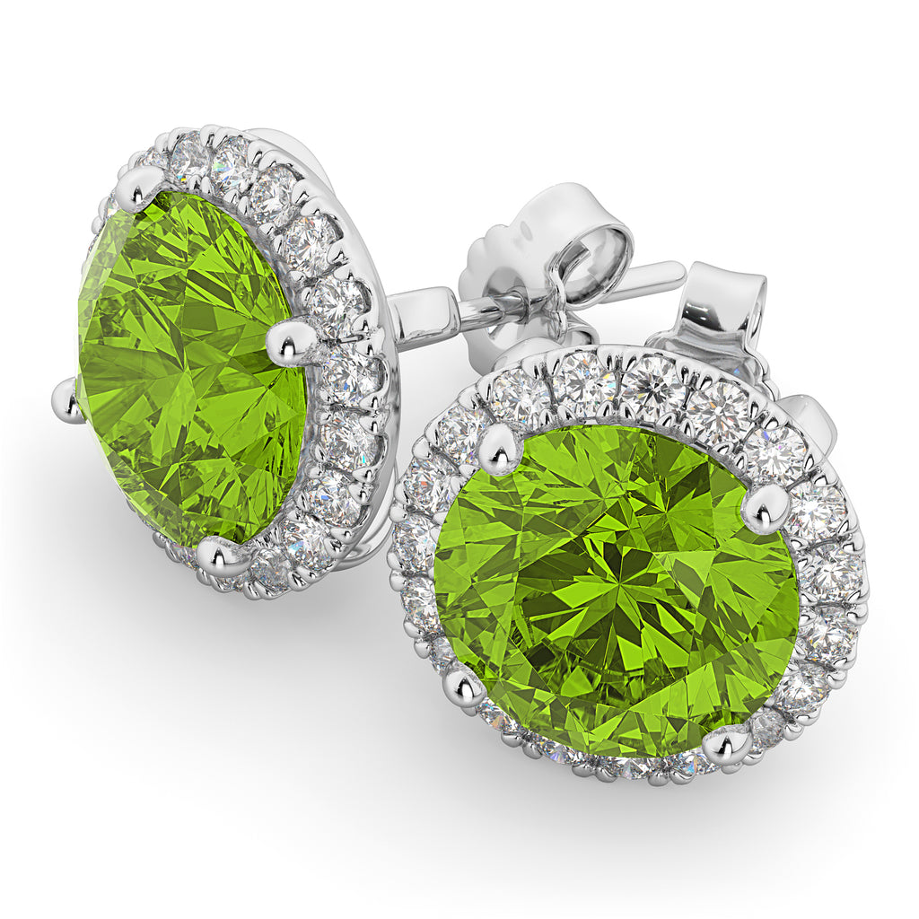 Halo Round Peridot & Diamond Earrings 14k White Gold (4.57ct)