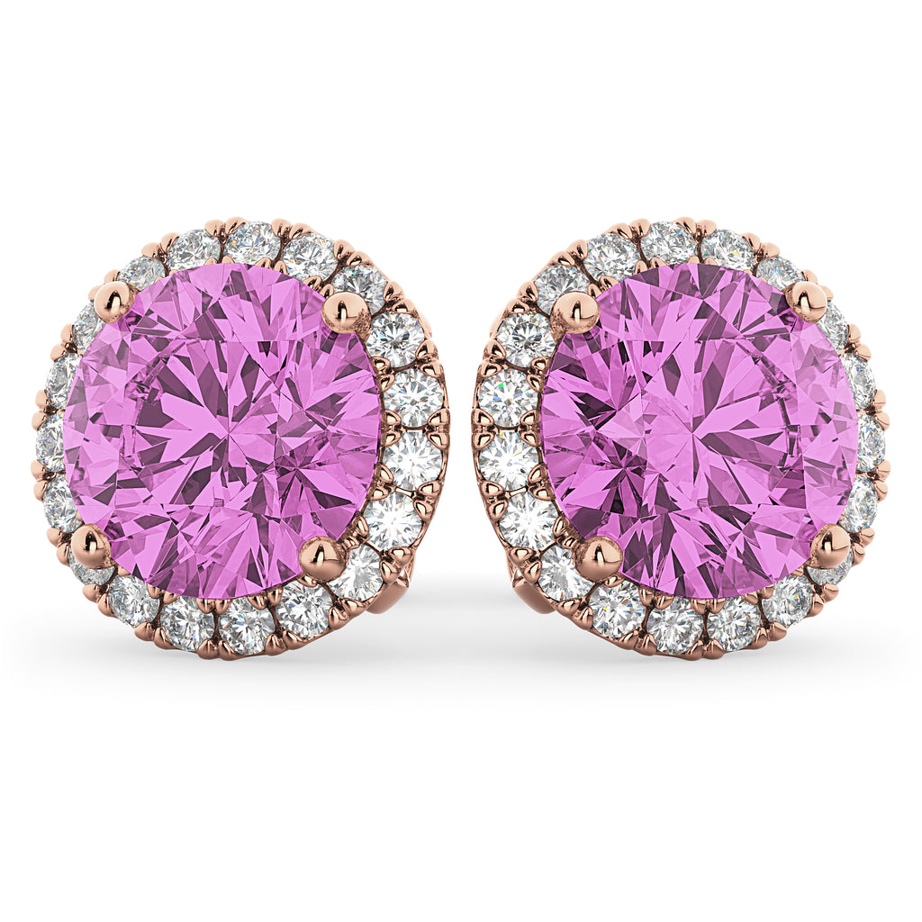 Halo Round Pink Sapphire & Diamond Earrings 14k Rose Gold (5.17ct)
