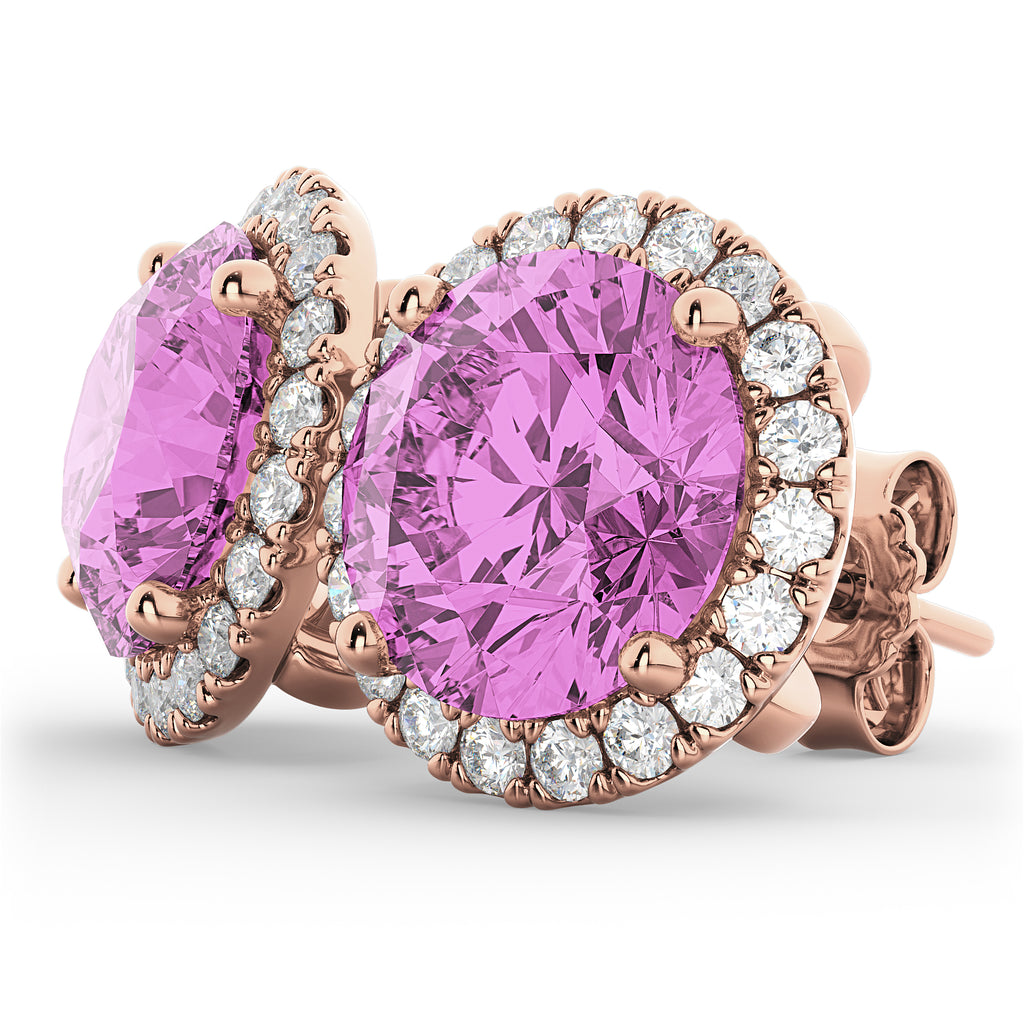 Halo Round Pink Sapphire & Diamond Earrings 14k Rose Gold (5.17ct)