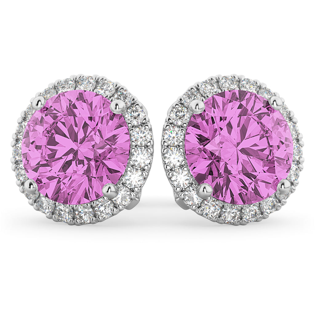Halo Round Pink Sapphire & Diamond Earrings 14k White Gold (5.17ct)