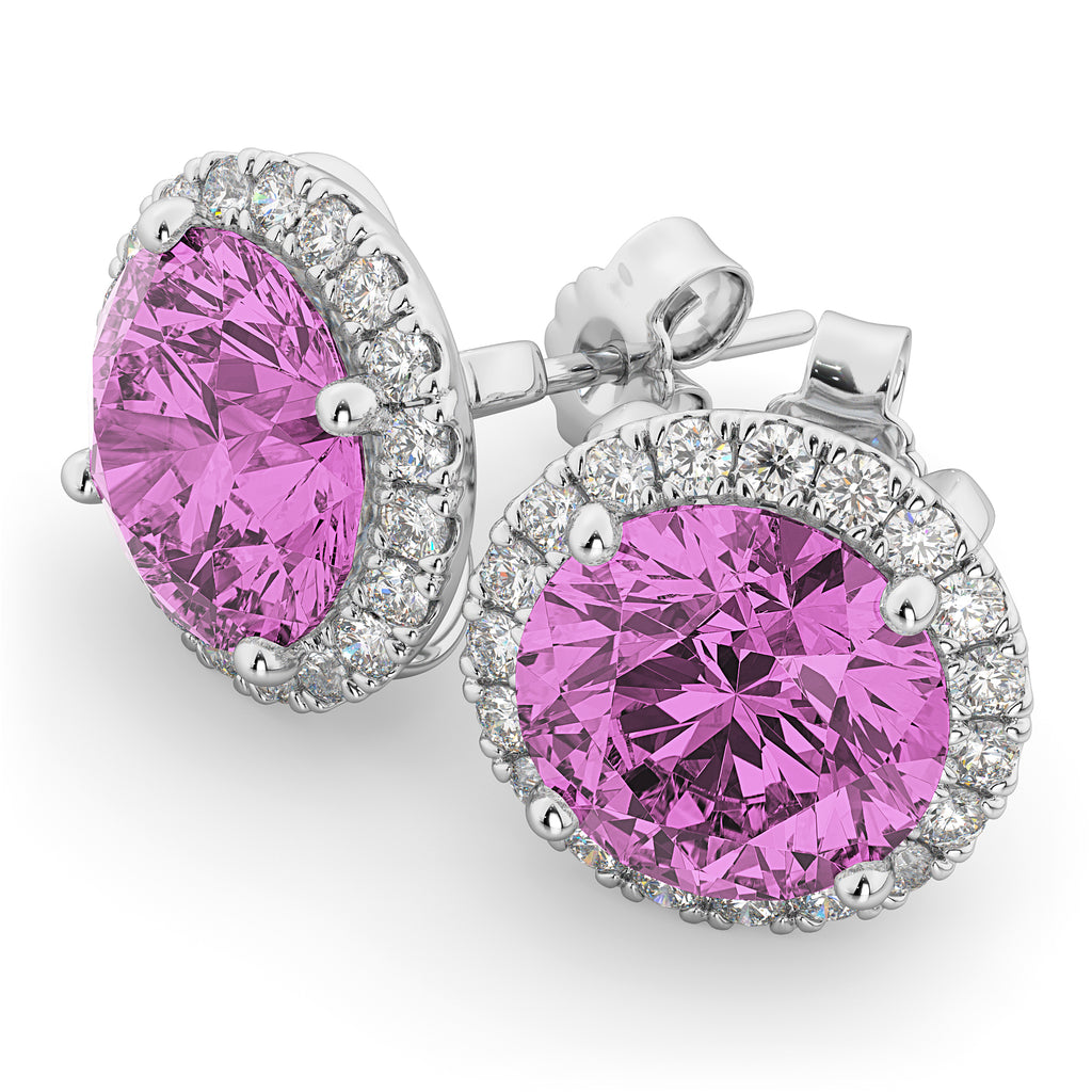 Halo Round Pink Sapphire & Diamond Earrings 14k White Gold (5.17ct)