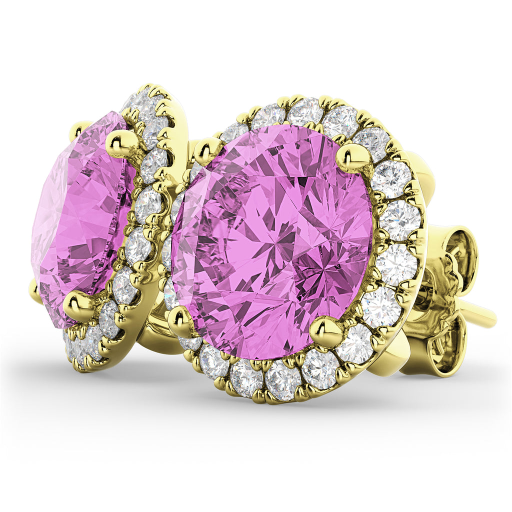 Halo Round Pink Sapphire & Diamond Earrings 14k Yellow Gold (5.17ct)