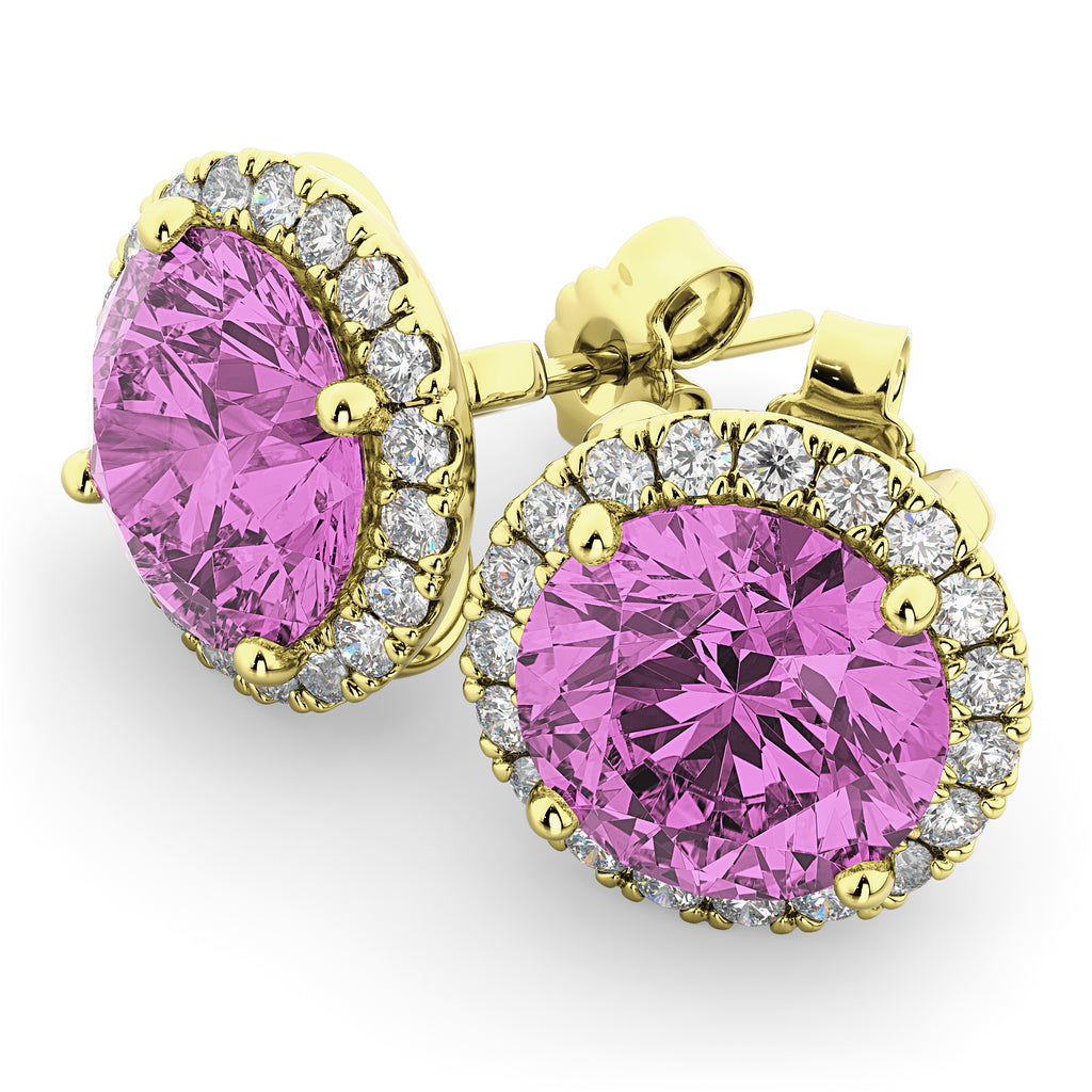 Halo Round Pink Sapphire & Diamond Earrings 14k Yellow Gold (5.17ct)