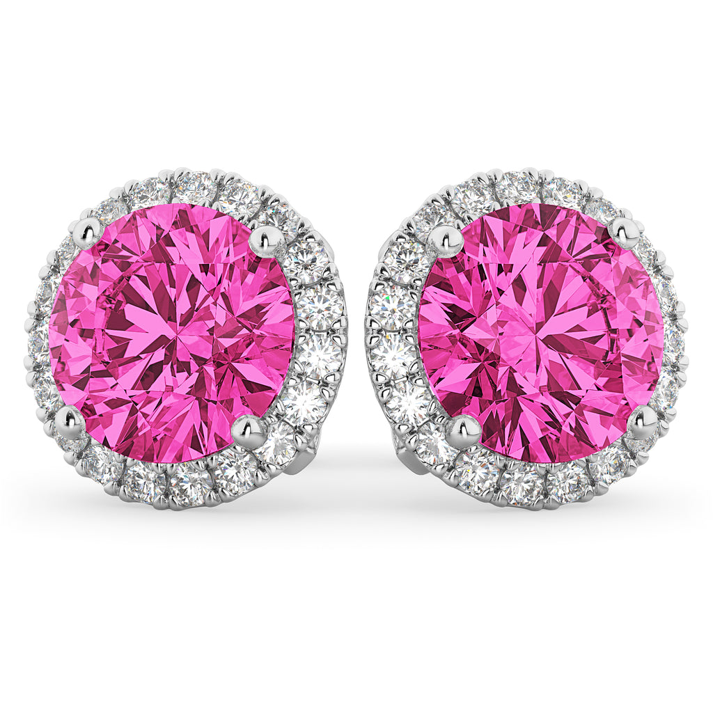 Halo Round Pink Tourmaline & Diamond Earrings 14k White Gold (4.57ct)
