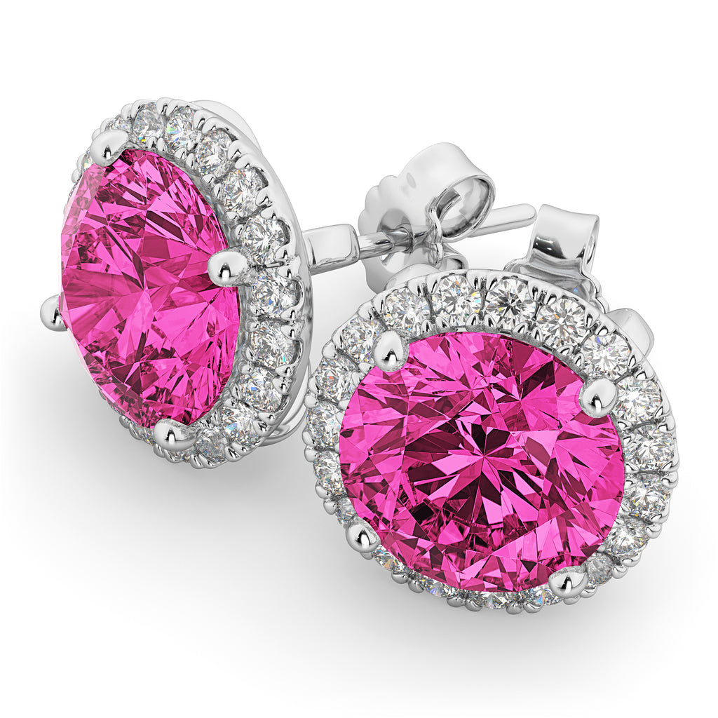 Halo Round Pink Tourmaline & Diamond Earrings 14k White Gold (4.57ct)