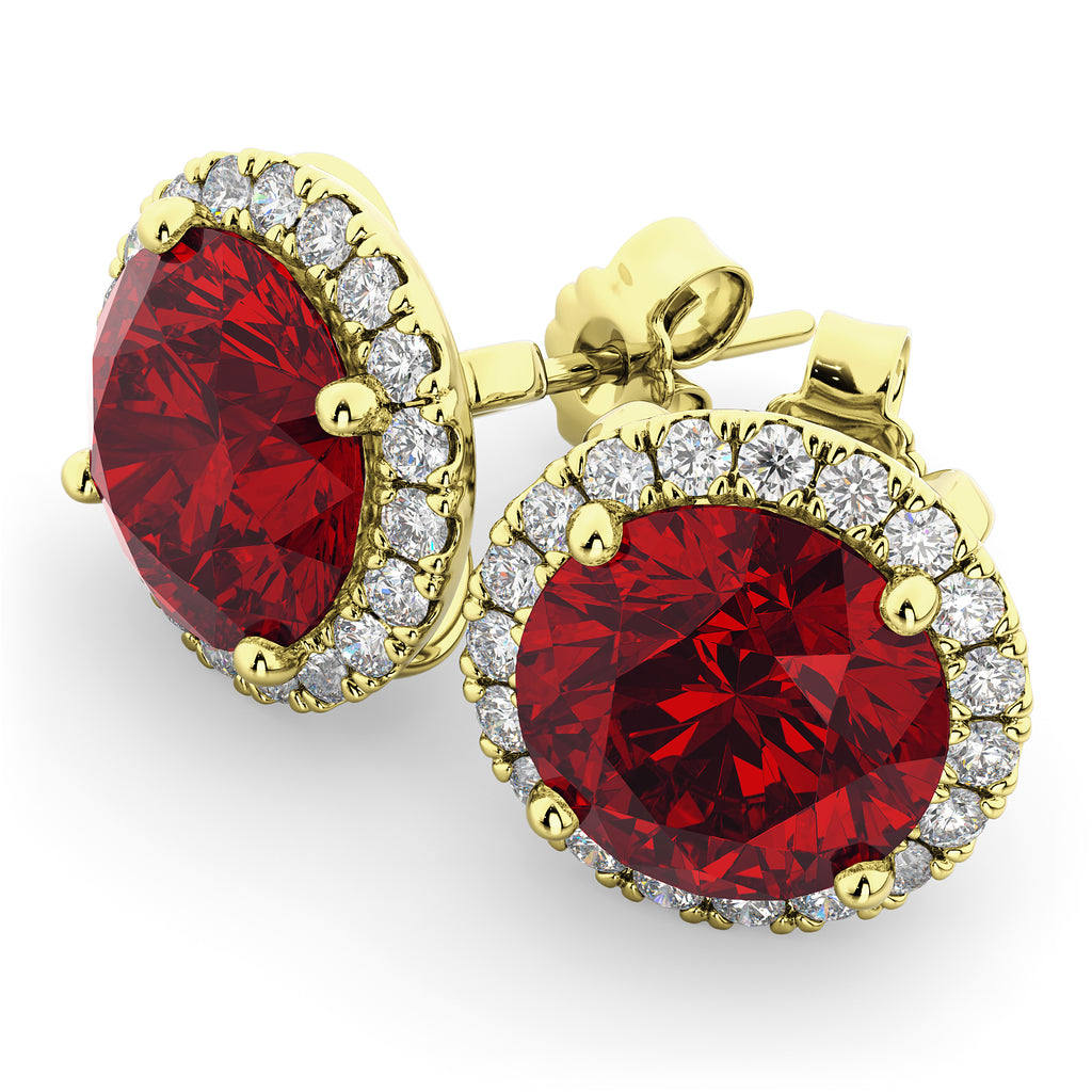 Halo Round Ruby & Diamond Earrings 14k Yellow Gold (5.17ct)