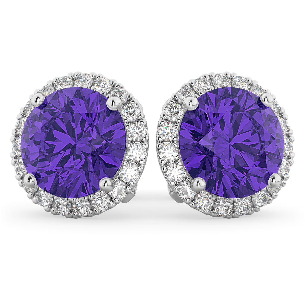 Halo Round Tanzanite & Diamond Earrings 14k White Gold (4.17ct)