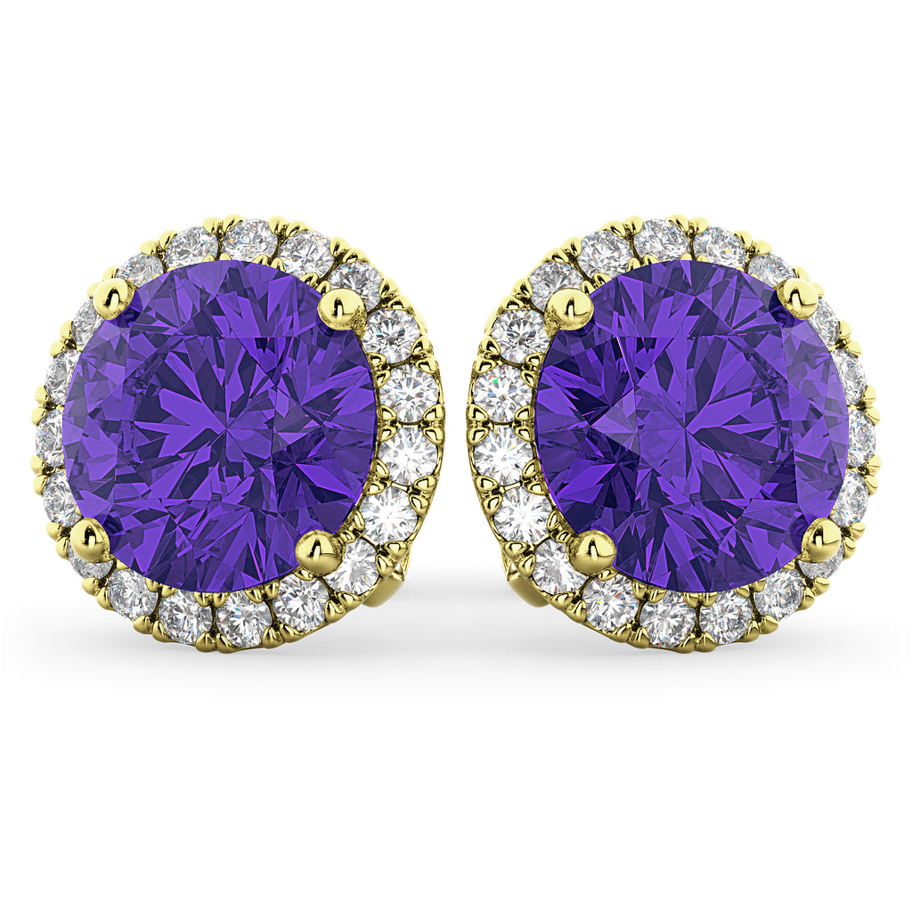Halo Round Tanzanite & Diamond Earrings 14k Yellow Gold (4.17ct)