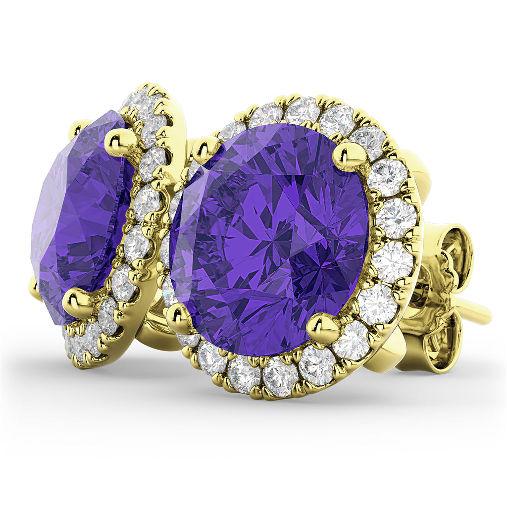 Halo Round Tanzanite & Diamond Earrings 14k Yellow Gold (4.17ct)