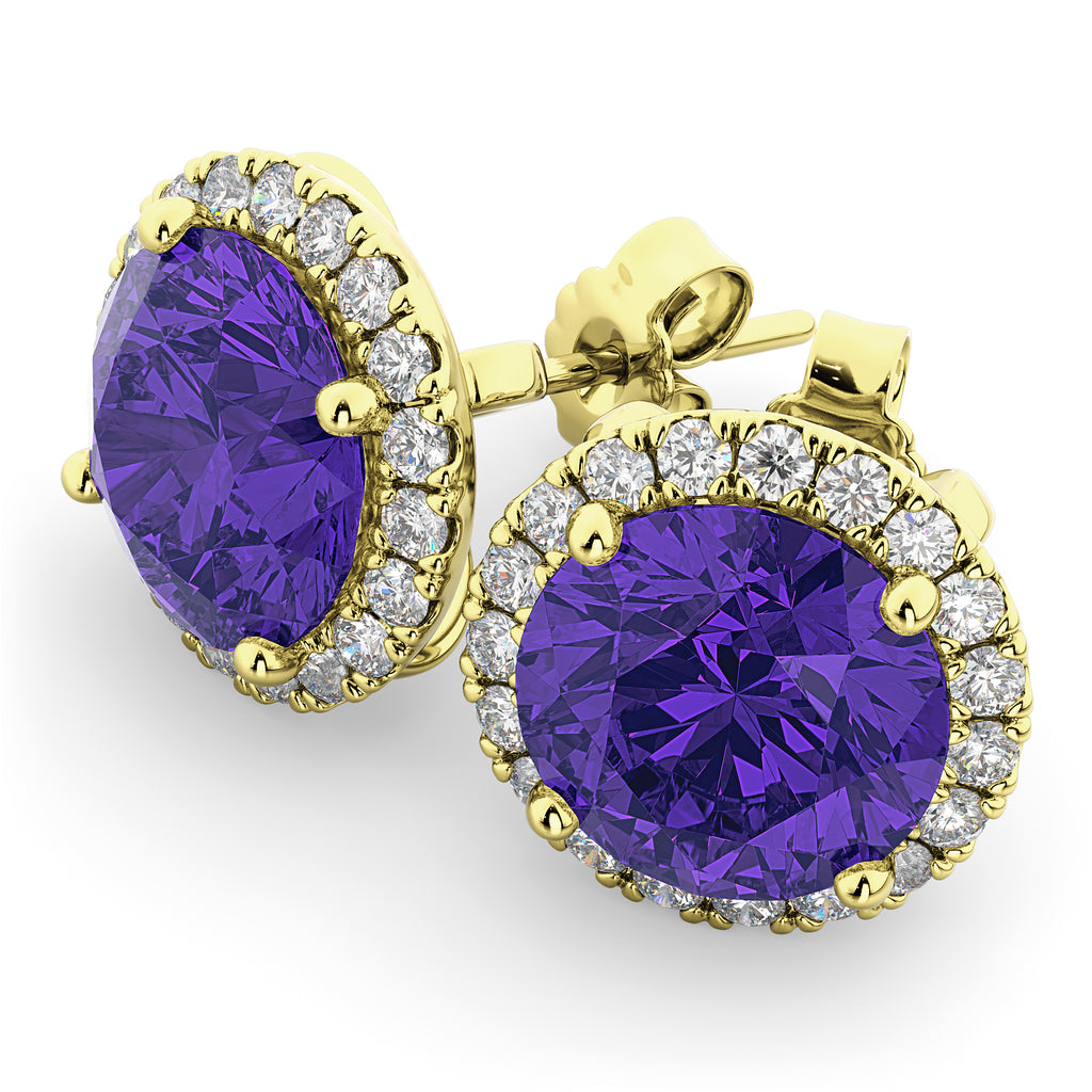 Halo Round Tanzanite & Diamond Earrings 14k Yellow Gold (4.17ct)