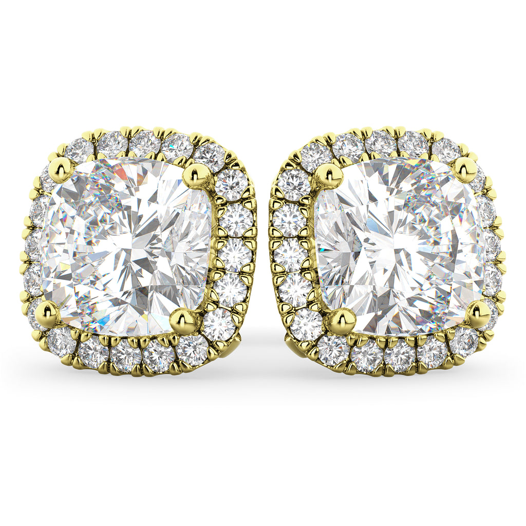 Halo Cushion Cut Diamond Stud Earrings 14k Yellow Gold (3.10ct)