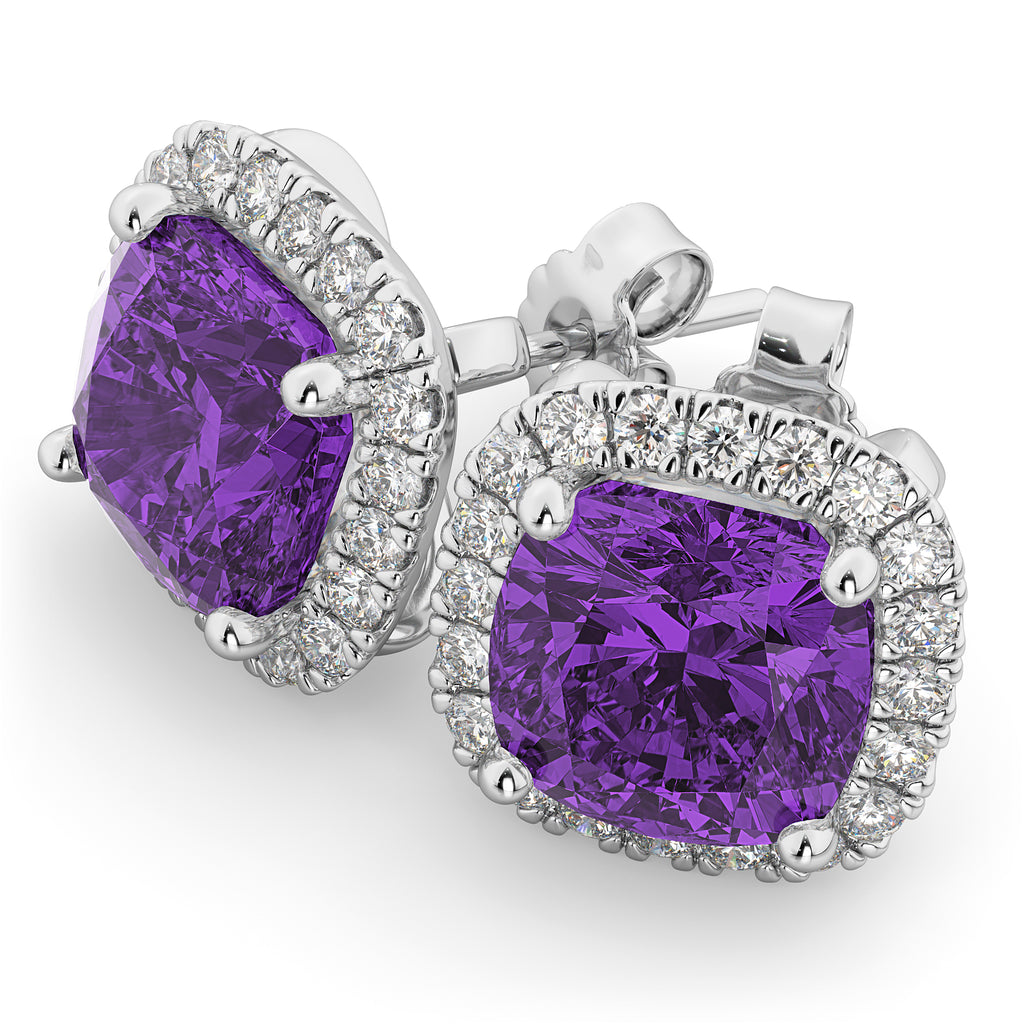 Halo Cushion Amethyst & Diamond Earrings 14k White Gold (4.04ct)