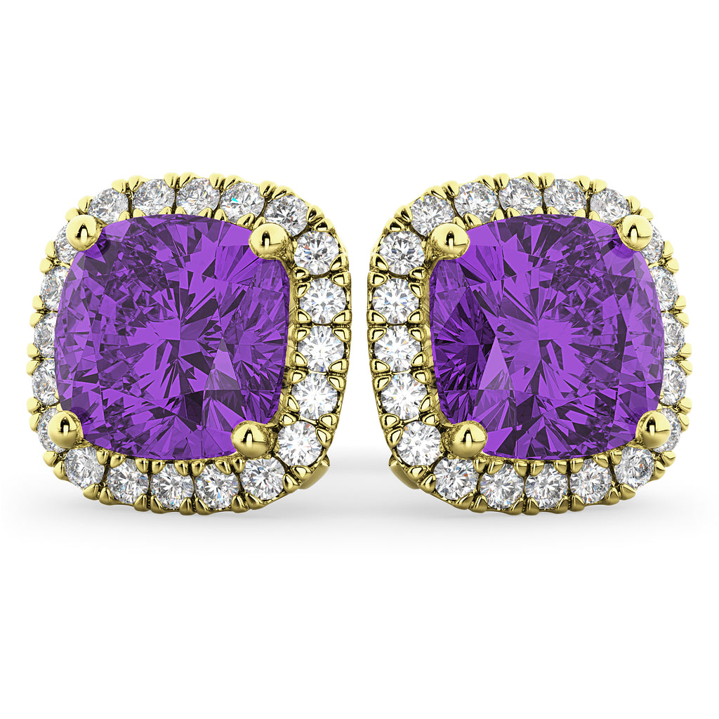 Halo Cushion Amethyst & Diamond Earrings 14k Yellow Gold (4.04ct)
