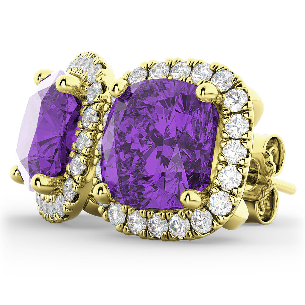 Halo Cushion Amethyst & Diamond Earrings 14k Yellow Gold (4.04ct)