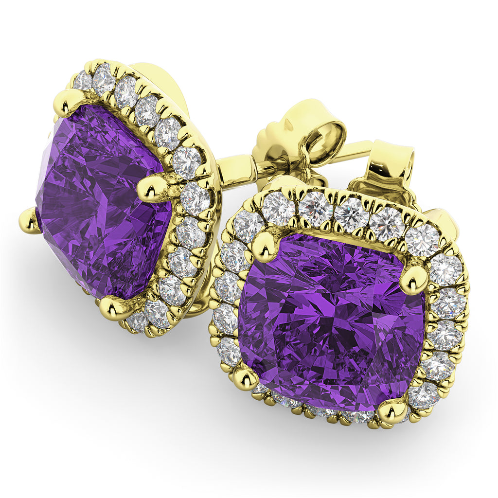 Halo Cushion Amethyst & Diamond Earrings 14k Yellow Gold (4.04ct)