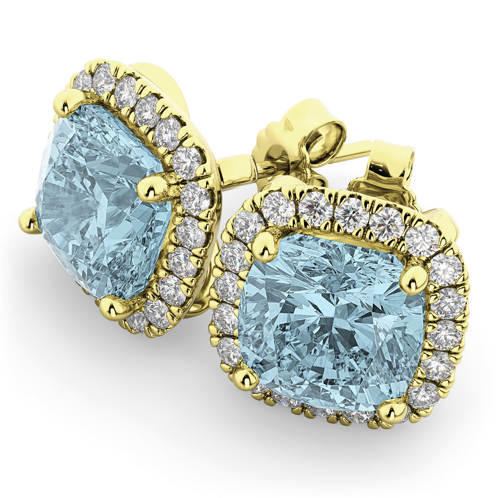 Halo Cushion Aquamarine & Diamond Earrings 14k Yellow Gold (4.04ct)