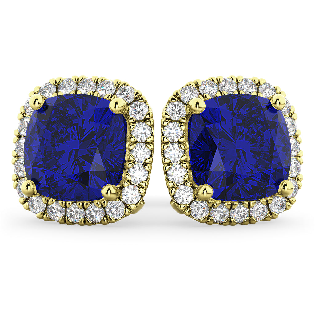 Halo Cushion Blue Sapphire & Diamond Earrings 14k Yellow Gold (4.04ct)