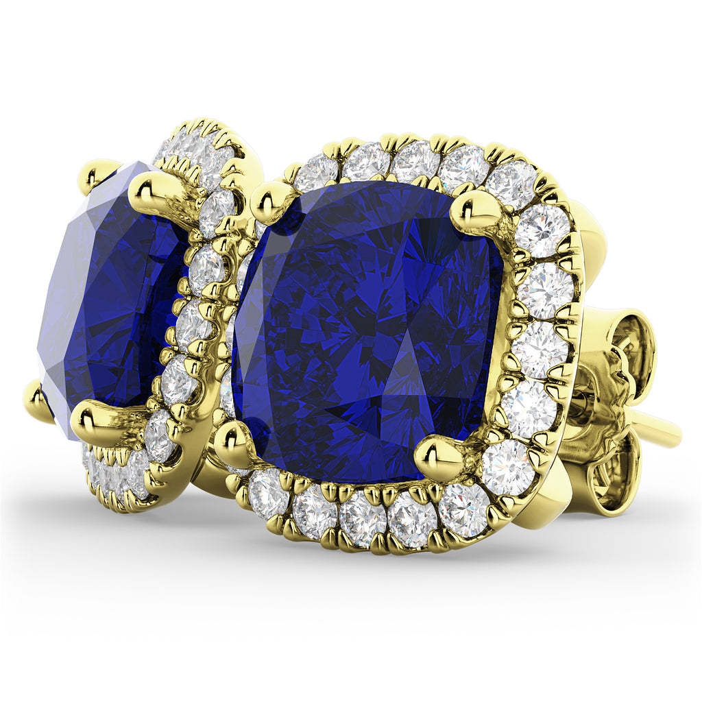 Halo Cushion Blue Sapphire & Diamond Earrings 14k Yellow Gold (4.04ct)