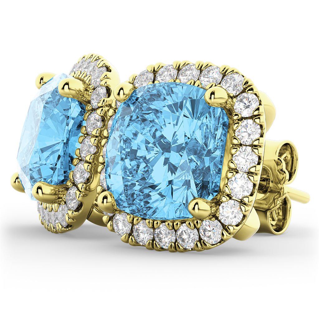 Halo Cushion Blue Topaz & Diamond Earrings 14k Yellow Gold (4.04ct)