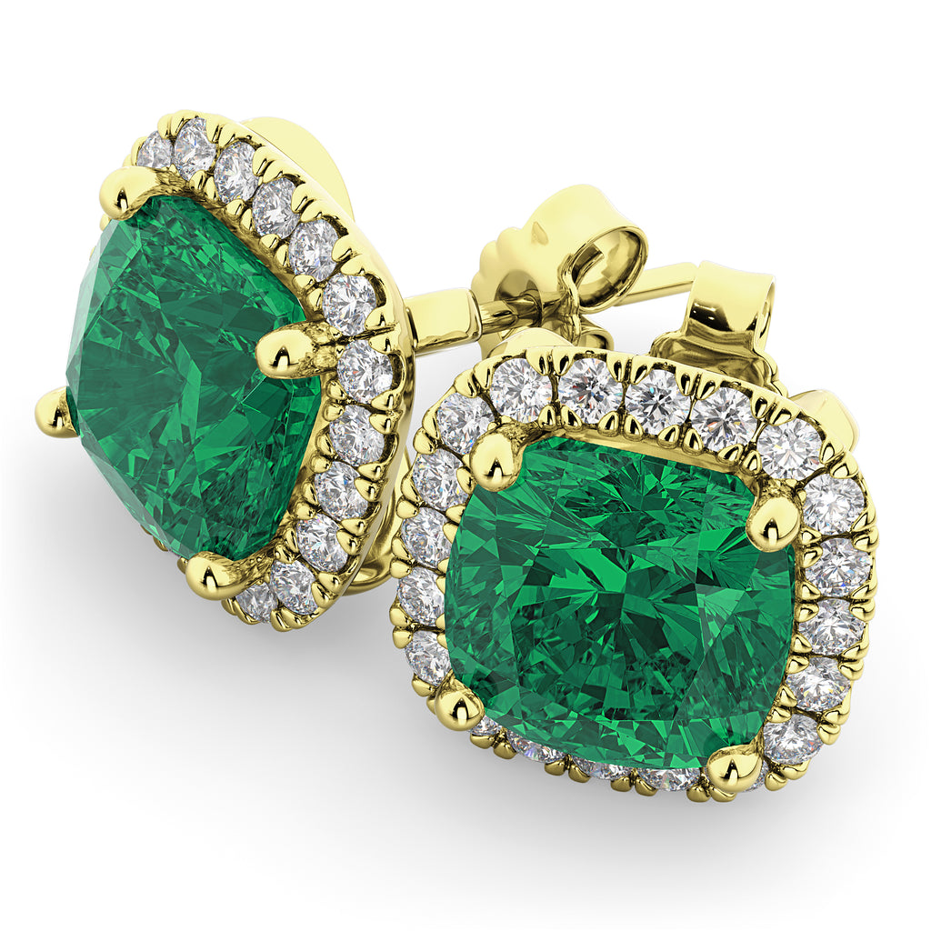 Halo Cushion Emerald & Diamond Earrings 14k Yellow Gold (4.04ct)