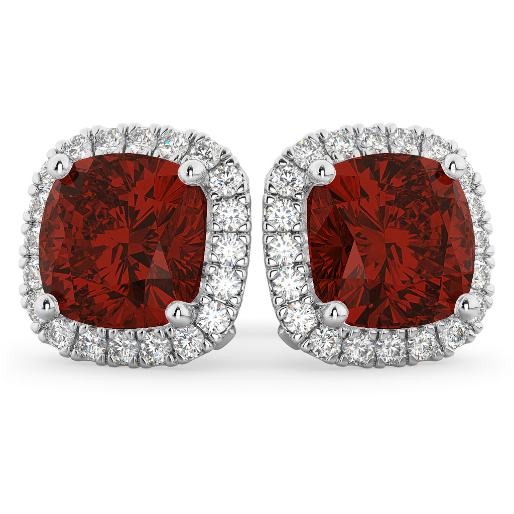 Halo Cushion Garnet & Diamond Earrings 14k White Gold (4.04ct)