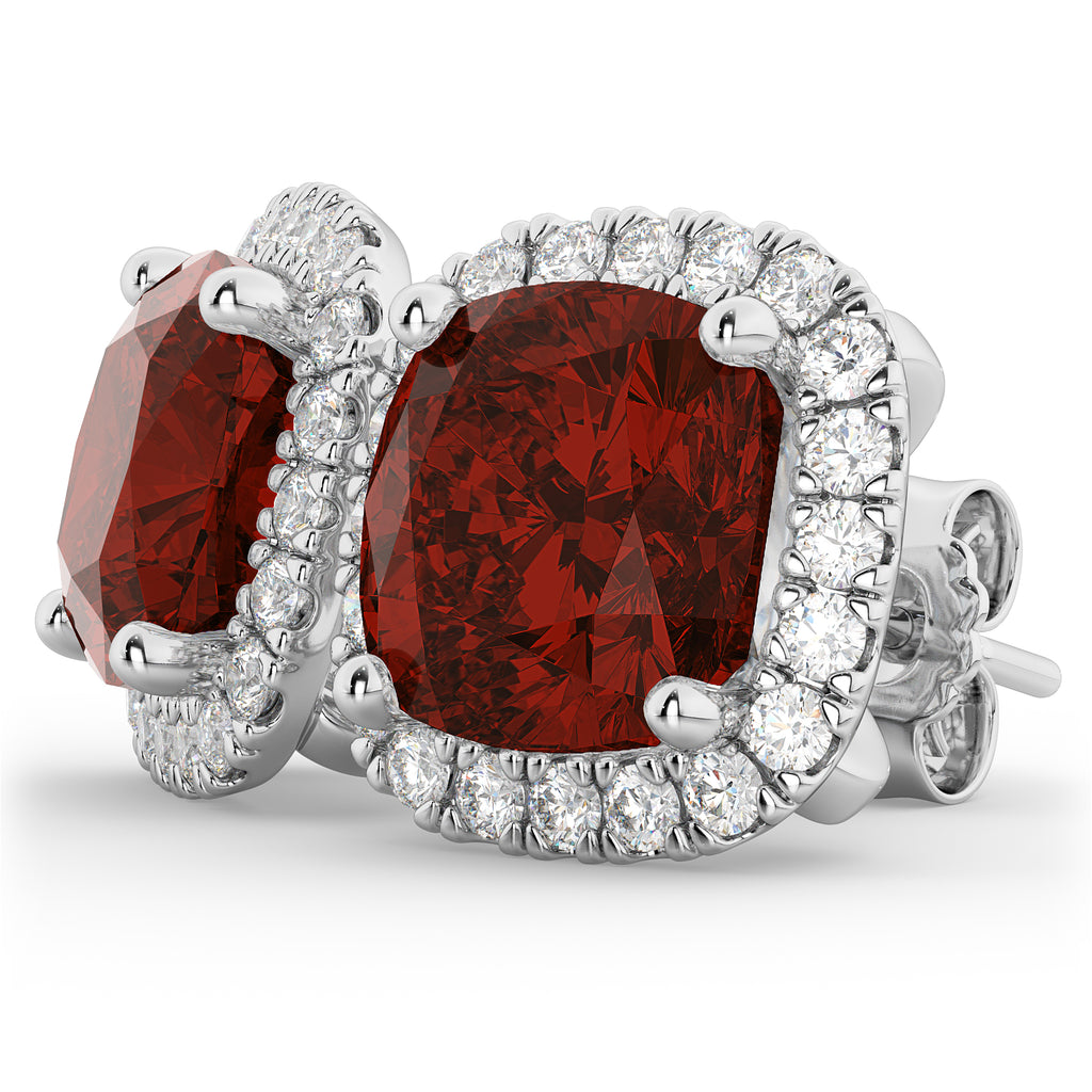 Halo Cushion Garnet & Diamond Earrings 14k White Gold (4.04ct)