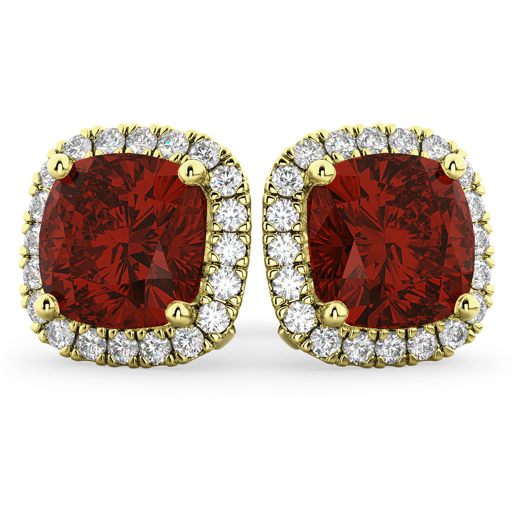 Halo Cushion Garnet & Diamond Earrings 14k Yellow Gold (4.04ct)