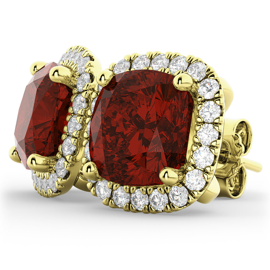 Halo Cushion Garnet & Diamond Earrings 14k Yellow Gold (4.04ct)
