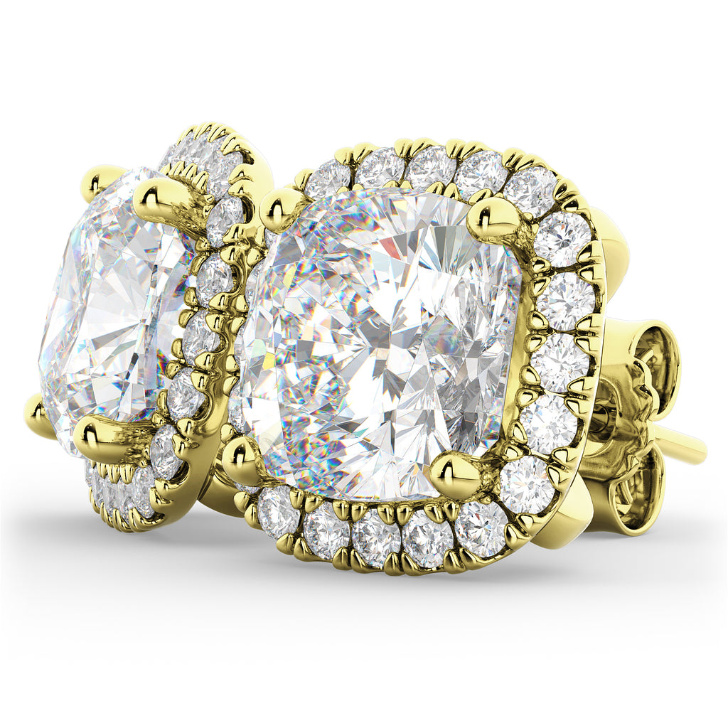 Halo Cushion Cut Lab Diamond Stud Earrings 14k Yellow Gold (3.10ct)