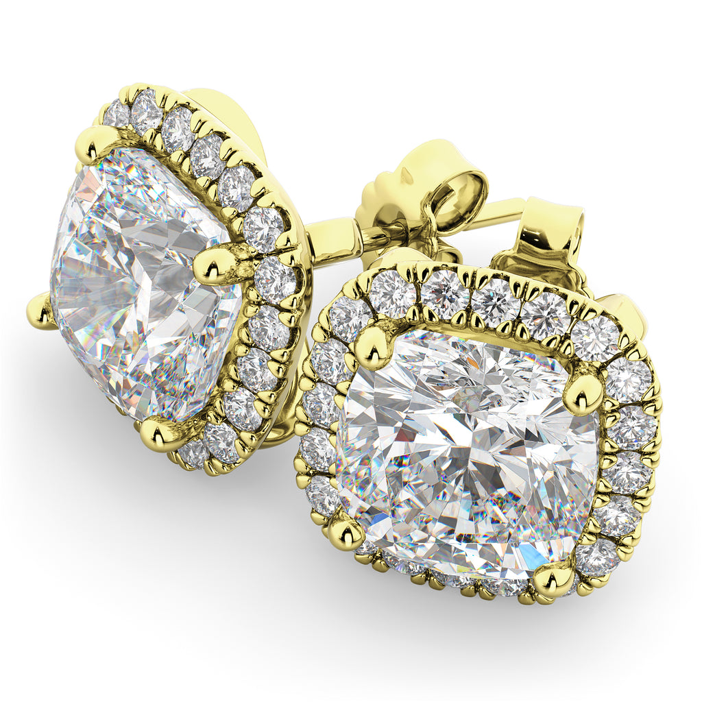 Halo Cushion Cut Lab Diamond Stud Earrings 14k Yellow Gold (3.10ct)