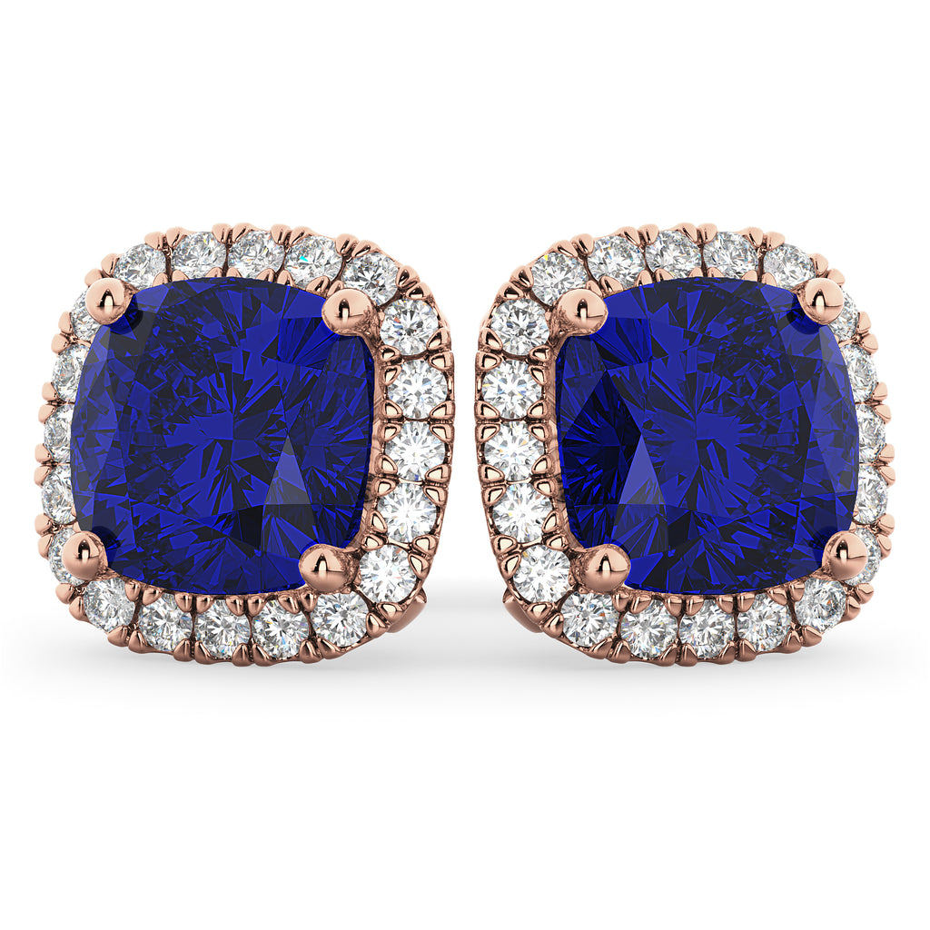 Halo Cushion Lab Blue Sapphire & Diamond Earrings 14k Rose Gold (4.04ct)