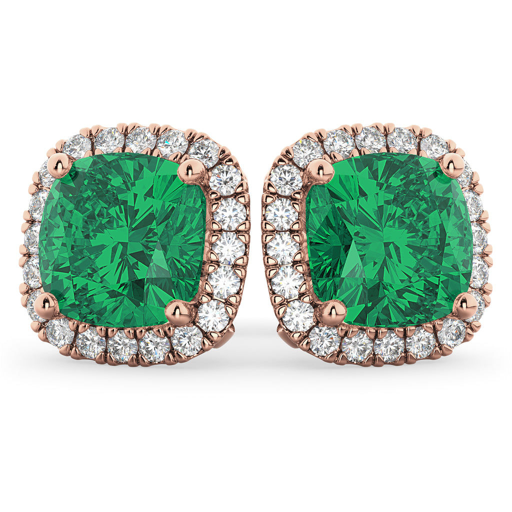 Halo Cushion Lab Emerald & Diamond Earrings 14k Rose Gold (4.04ct)