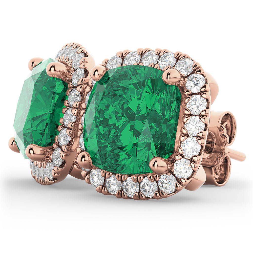 Halo Cushion Lab Emerald & Diamond Earrings 14k Rose Gold (4.04ct)