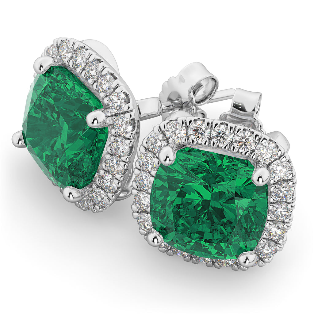 Halo Cushion Lab Emerald & Diamond Earrings 14k White Gold (4.04ct)