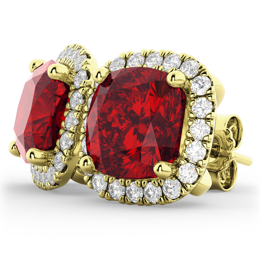 Halo Cushion Lab Ruby & Diamond Earrings 14k Yellow Gold (4.04ct)