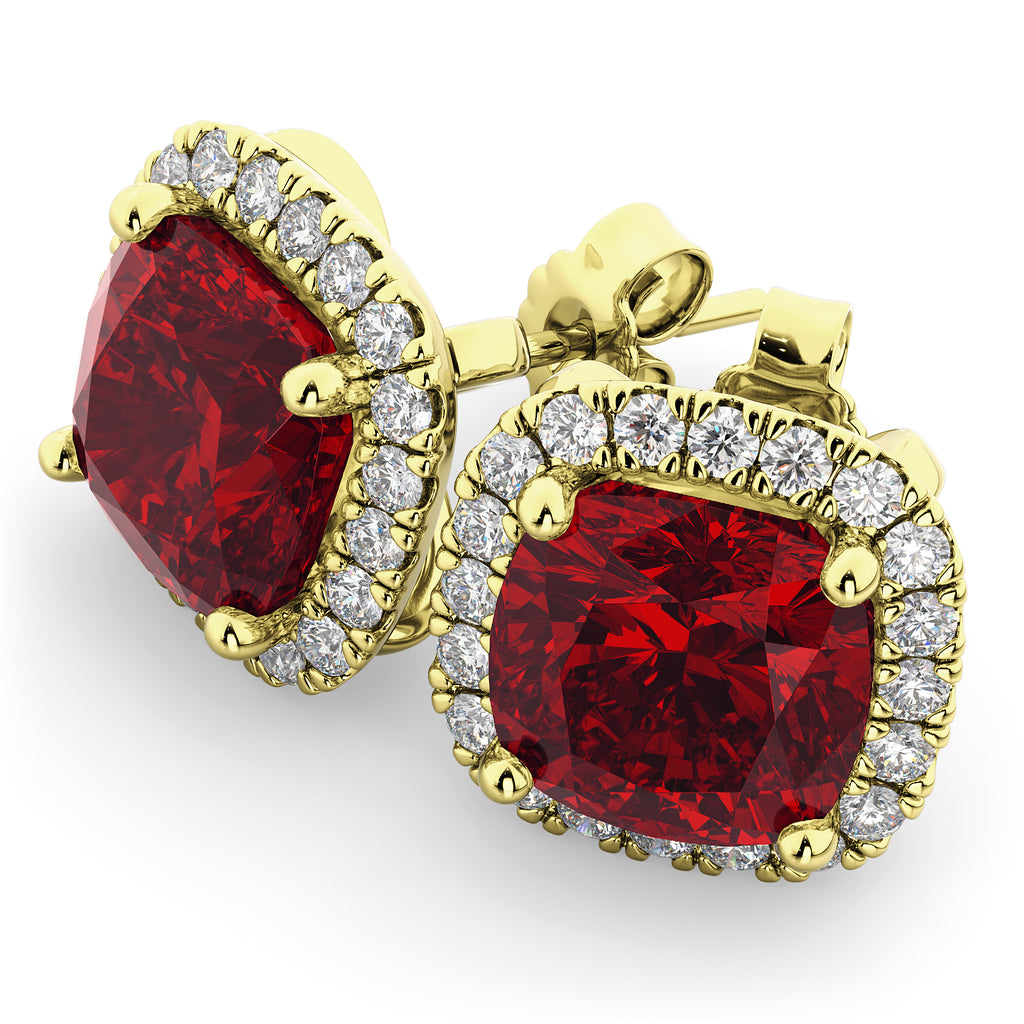 Halo Cushion Lab Ruby & Diamond Earrings 14k Yellow Gold (4.04ct)