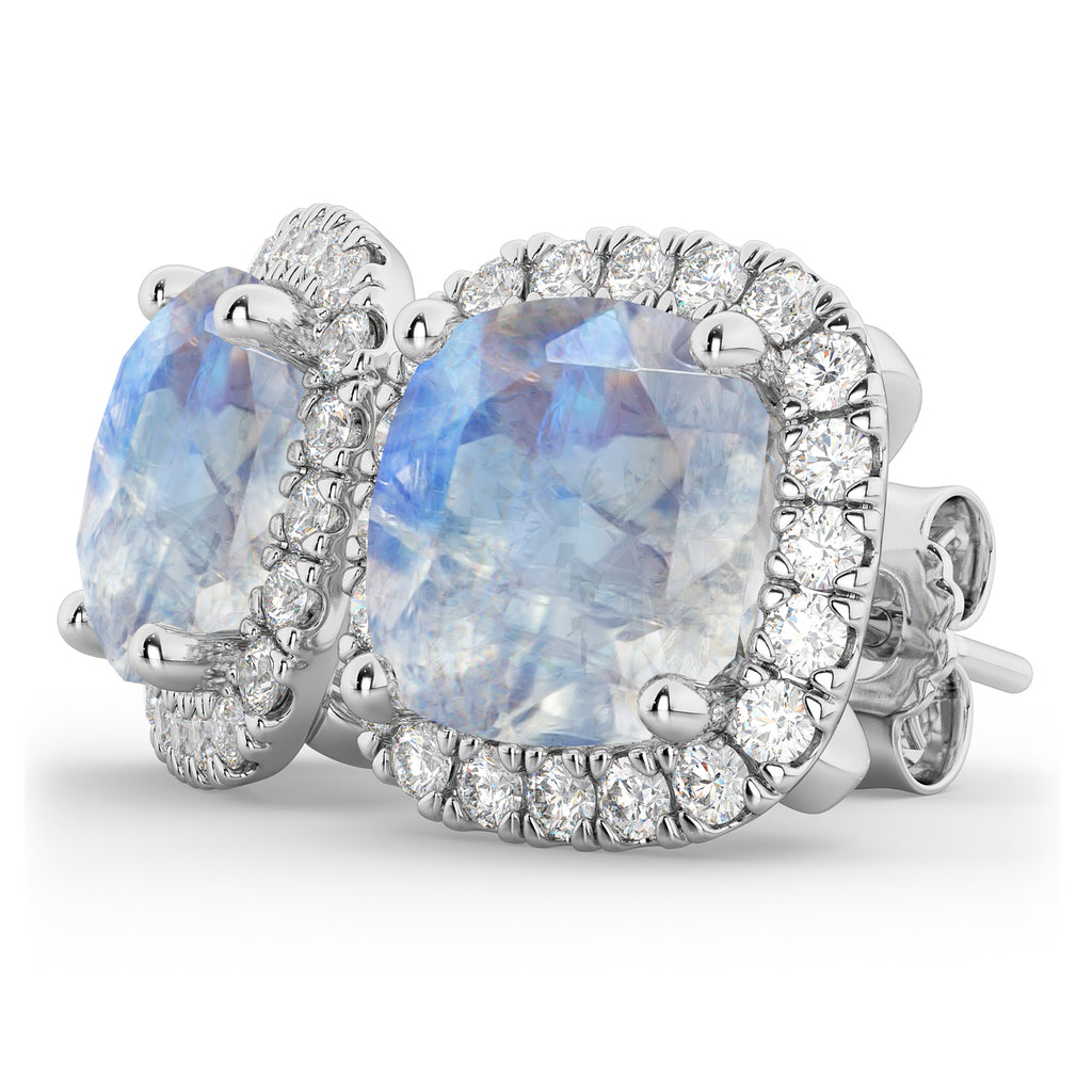 Halo Cushion Moonstone & Diamond Earrings 14k White Gold (4.04ct)