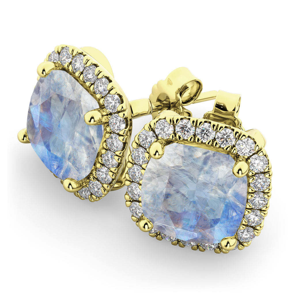 Halo Cushion Moonstone & Diamond Earrings 14k Yellow Gold (4.04ct)