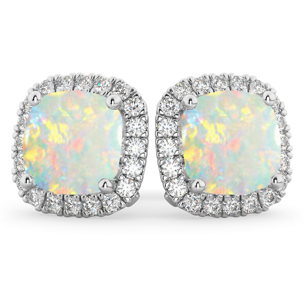 Halo Cushion Opal & Diamond Earrings 14k White Gold (4.04ct)