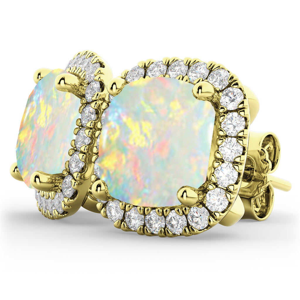 Halo Cushion Opal & Diamond Earrings 14k Yellow Gold (4.04ct)