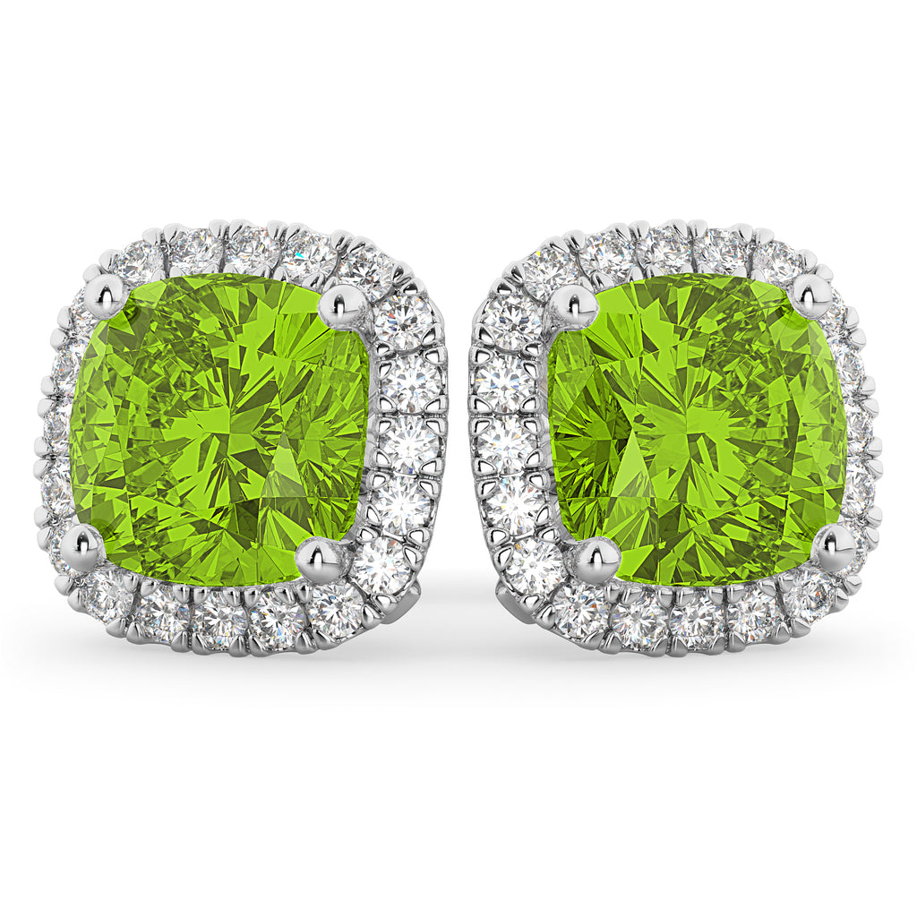 Halo Cushion Peridot & Diamond Earrings 14k White Gold (4.04ct)