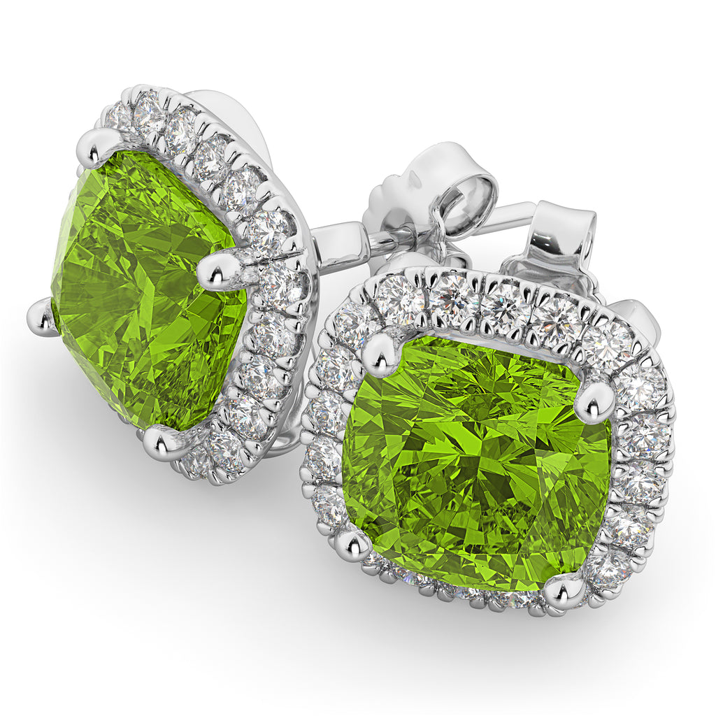 Halo Cushion Peridot & Diamond Earrings 14k White Gold (4.04ct)