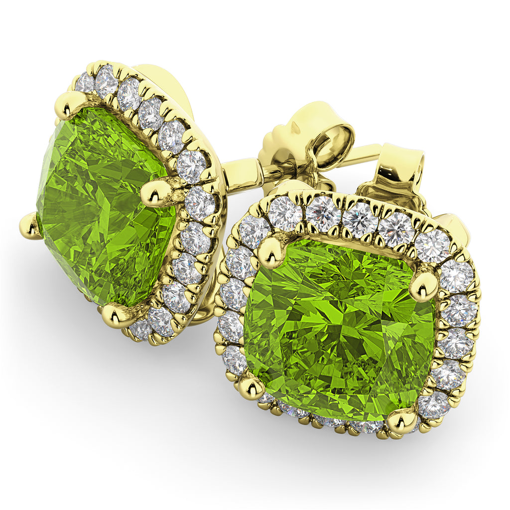 Halo Cushion Peridot & Diamond Earrings 14k Yellow Gold (4.04ct)
