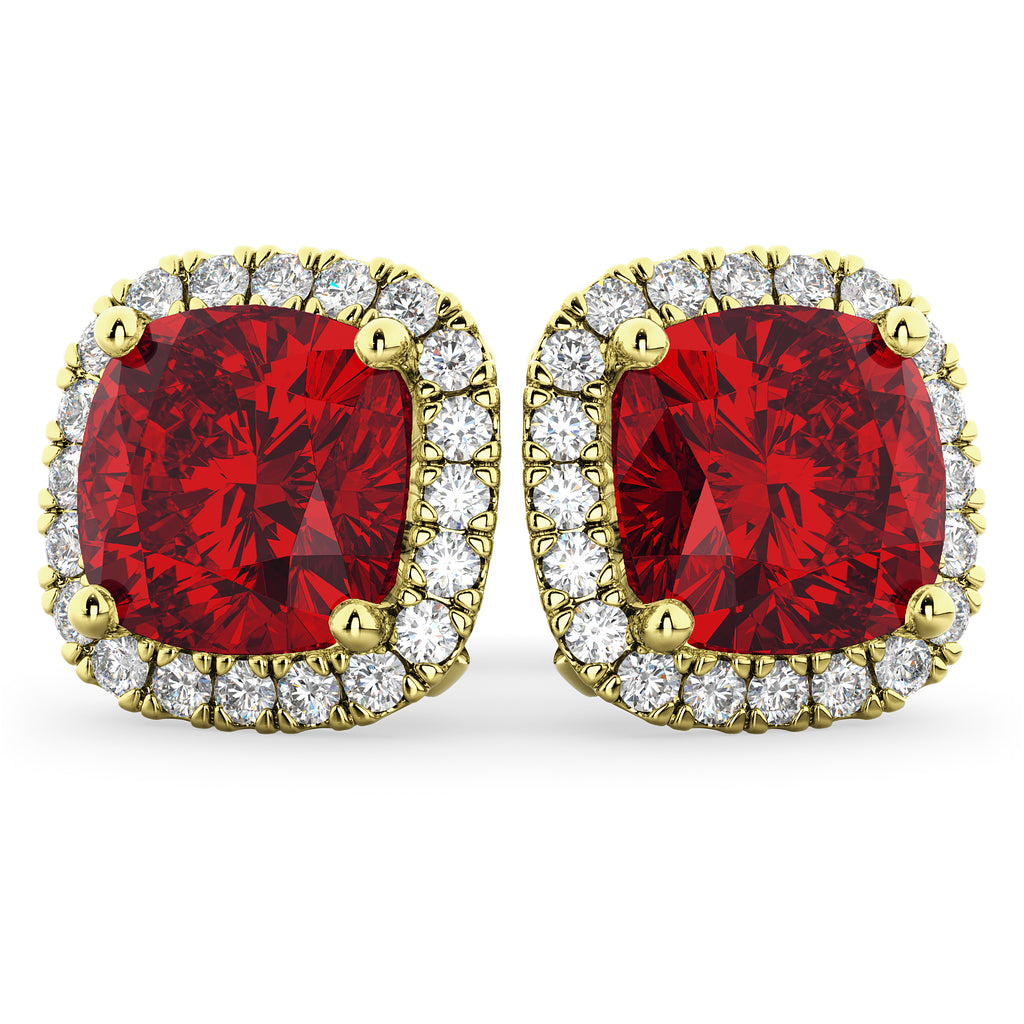 Halo Cushion Ruby & Diamond Earrings 14k Yellow Gold (4.04ct)