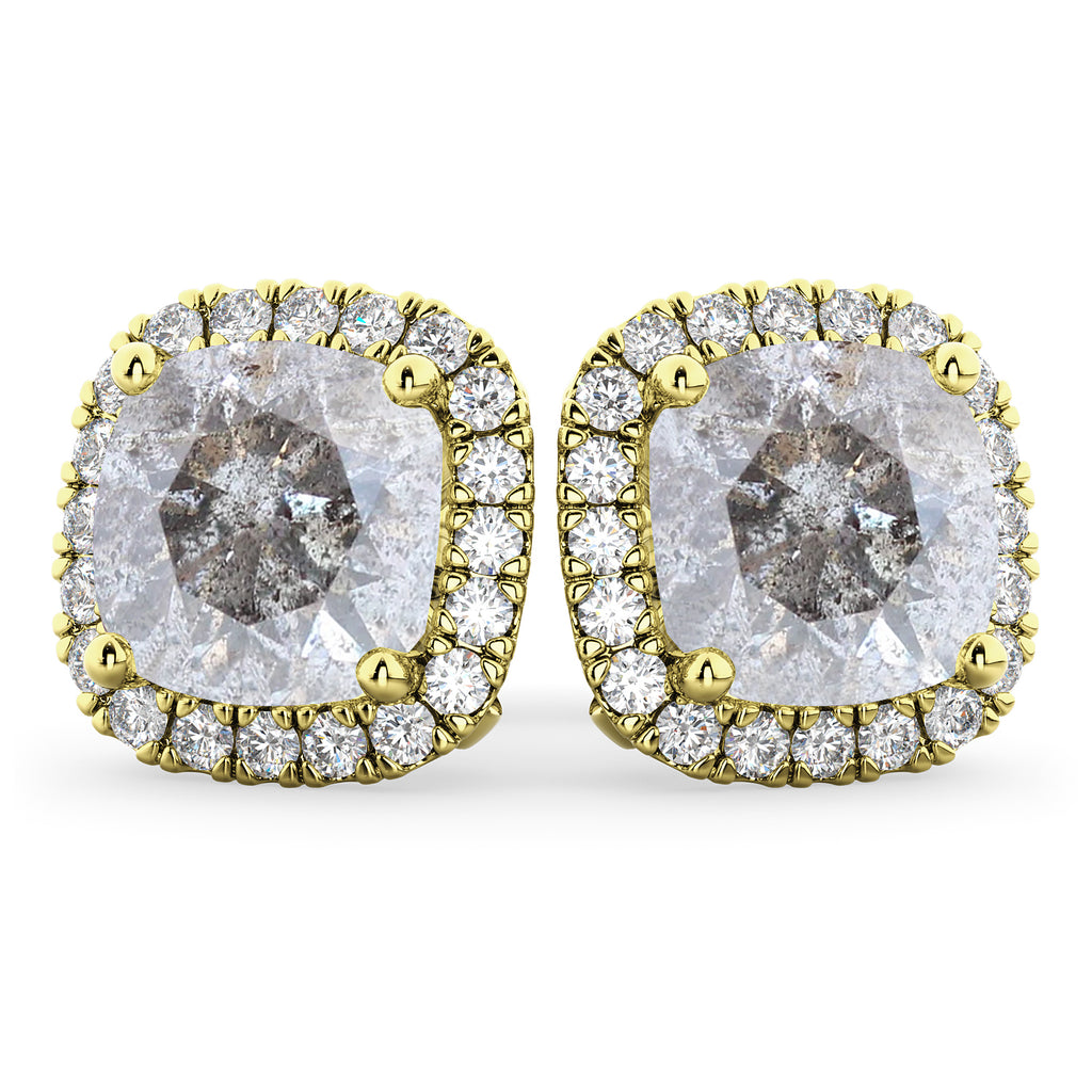 Cushion Cut Salt & Pepper Diamond & Diamond Earrings 14k Yellow Gold (3.10ct)